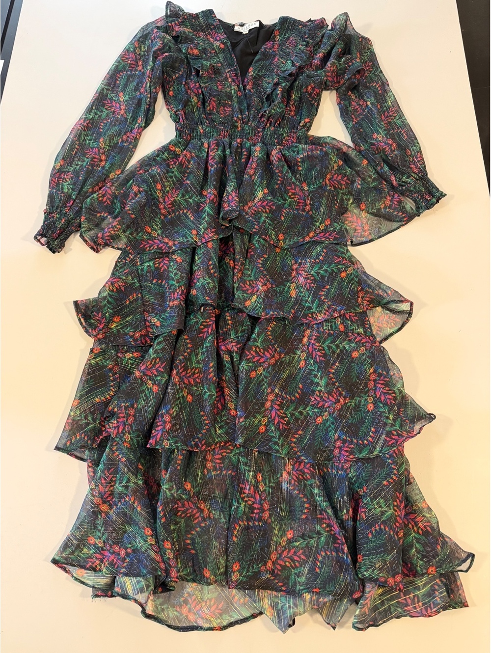 Hale Bob Jeanne Lurex Maxi Dress XS Floral Tiered Ruffle